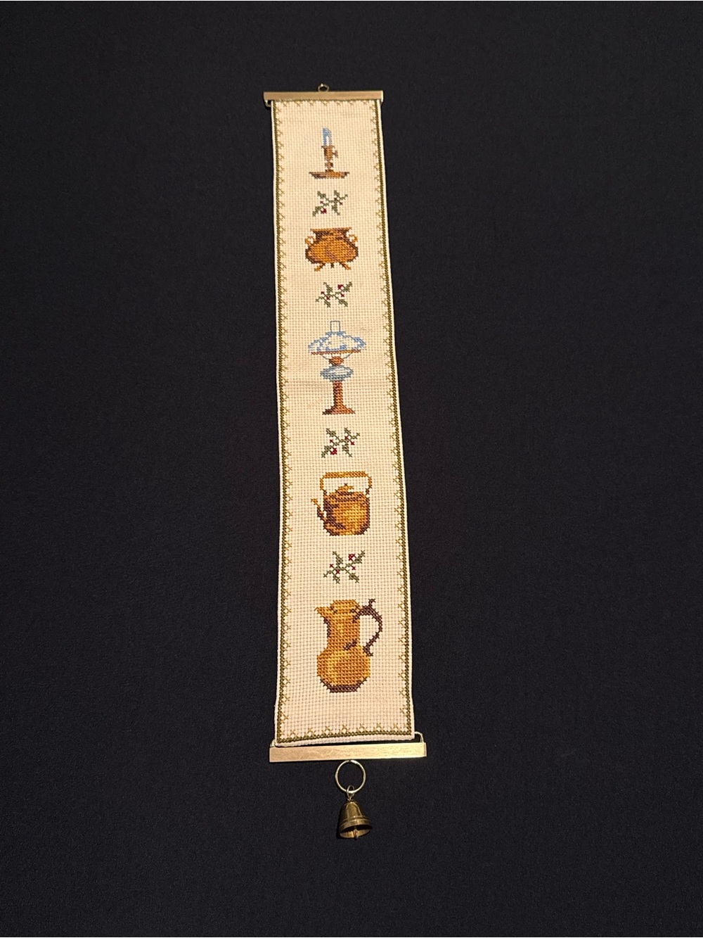 Vintage Needlepoint hand -Embroidered Wall Accent with a bell